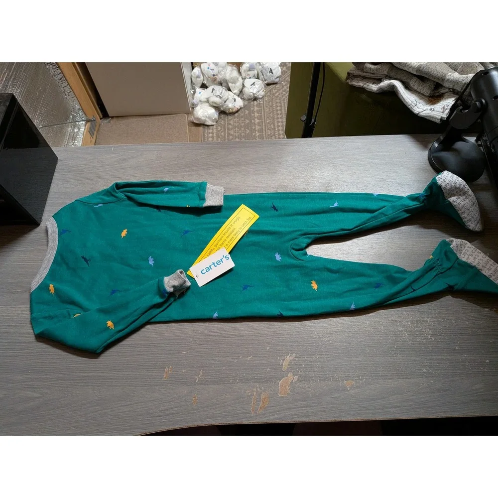 Carters Kids 18M Teal‎ Green Dinosaur T-Rex Snug Fit Cotton Footed Pajamas NWT